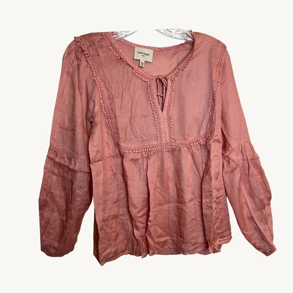 Haute Hippie Blouse Peach Boho Size XXS Oversized Pompom Lace Detail
